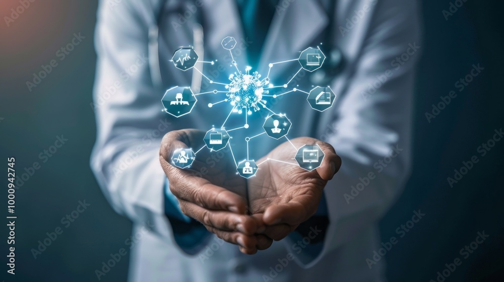 Poster a doctor is holding a hand with a computer chip in it
