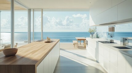Fototapeta premium A minimalist coastal kitchen, featuring sleek white cabinetry, wooden countertops, and large windows framing views of the ocean