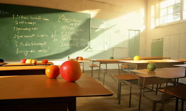 An empty school or university classroom with a big chalkboard, sunlight streaming through tall windows, casting long shadows on wooden desks