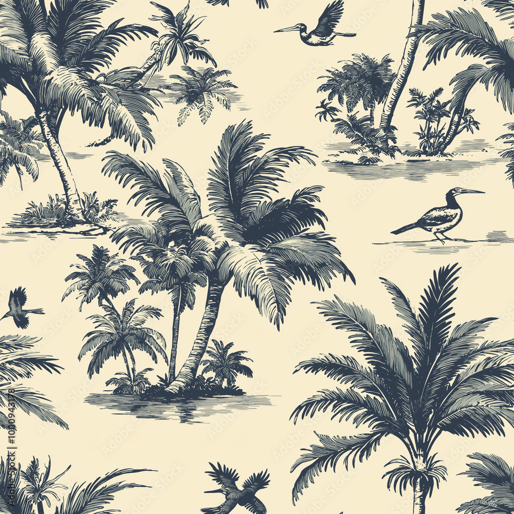 Wall mural a tropical toile de jouy seamless pattern with palm trees and exotic birds