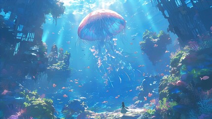 Fototapeta premium An underwater scene featuring a massive, luminous jellyfish surrounded by multicolored fish and vibrant coral reefs. The jellyfish appears ethereal with glowing tendrils flowing beneath it. In the for