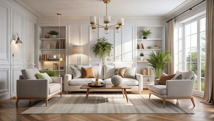 Chic white interior style highlights contemporary furnishings and elegant decorations, resulting in a cozy living area