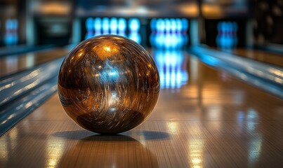 Bowling ball on a wooden lane.