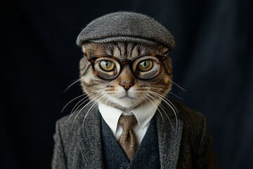 Description: A collection of humorous illustrations featuring cats dressed in vintage human clothing. The cats are wearing suits, hats, and glasses, giving them an anthropomorphic appearance. 