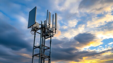 Telecommunication tower with 5G radio network equipment, low-angle shot under cloudy sky