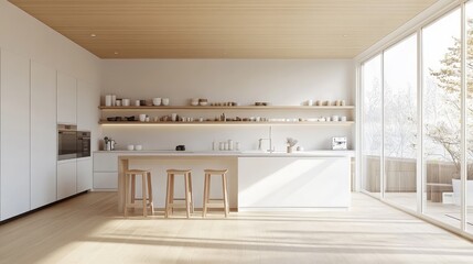 A minimalist Scandinavian kitchen, featuring light wood floors, white cabinetry, and sleek modern appliances, with open shelving and a large window for natural light