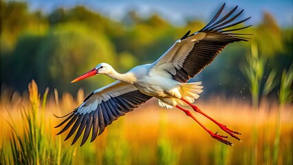 Obraz premium An elegant stork soars gracefully through its natural habitat, showcasing stunning feather patterns in mid-flight, embodying the beauty and majesty of natureâ€™s designs.