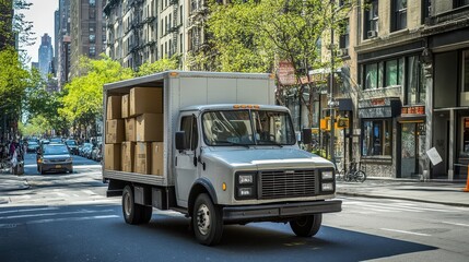 Obraz premium Delivery truck with doors open and boxes inside on busy street, wide-angle natural light scene