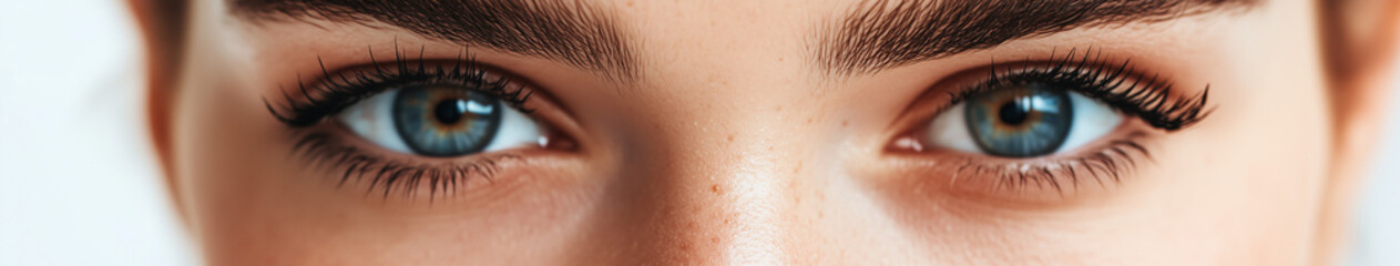 Naklejka premium A close-up image of a pair of brown eyes, showing details of the eyelashes and eyebrows. The image emphasizes natural beauty, eye features, and the delicate details of the face, suitable for beauty, h