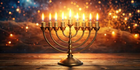 A radiant menorah stands adorned with shimmering candles, their warm glow illuminating the joyous spirit of Hanukkah festivities and filling the night with harmony.