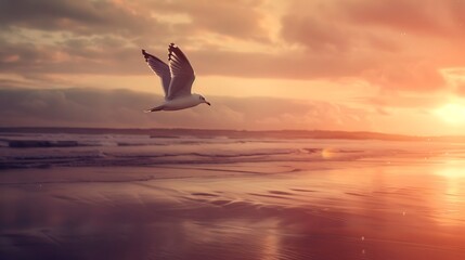 A controlled gull circling over a peaceful beach