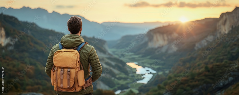 Sticker Man with Backpack Admiring Mountain View at Sunset.