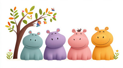 Naklejka premium Four cheerful hippos in different colors stand happily under a colorful tree, surrounded by playful birds and flowers. A perfect scene for a bright and heartwarming children's illustration.