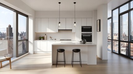 A modern Scandinavian apartment kitchen, with light wood floors, white cabinetry, and sleek modern appliances, framed by large windows with city views