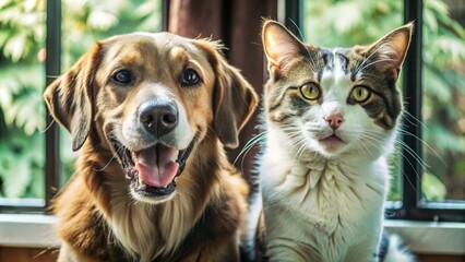 Portrait of Happy dog and cat that looking at the camera together isolated on transparent background, friendship between dog and cat, amazing friendliness of the pets