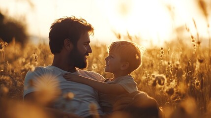 Father-son bond in sunny embrace.