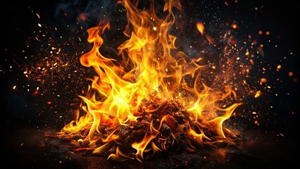 Dynamic flames accompanied by sparkling embers illuminate a dark backdrop, ideal for adding depth and intensity to your