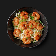 Traditional Asian dish seafood salad, rice, wok, top view, dark background