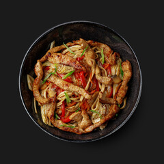 Traditional Asian dish seafood salad, rice, wok, top view, dark background