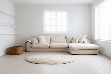Modern minimalist living room featuring a cozy beige sectional sofa and natural light in a bright, airy space with neutral decor