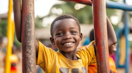 Happy Ghanaian boy having fun with friend on playground monkey bars