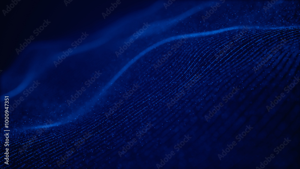 Poster Blue abstract digital wave composed of small particles and grid lines, creating a smooth flowing, futuristic background. 3D rendering.