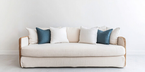 Cozy white sofa with decorative pillows in a minimalist living room setting during daytime