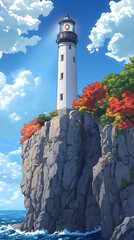 A comic-style lighthouse stands tall on a rugged cliffside, overlooking the ocean with bold lines and vibrant colors, evoking playful, animated charm.