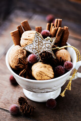 Christmas decoration on rustic wooden background. Close up.