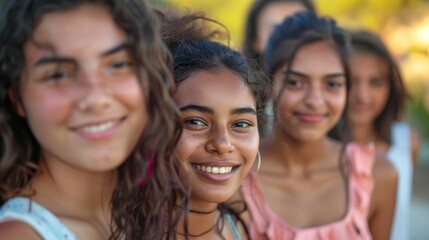 Friendly young women from different ethnic backgrounds, standing closely and smiling warmly