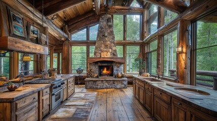 Obraz premium A rustic log cabin kitchen, with wooden floors, stone countertops, and a large hearth, framed by large windows with views of the forest