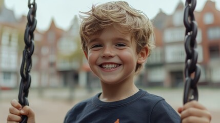Joyful Belgian Boy Having Fun with Friend on Swings in a Playground
