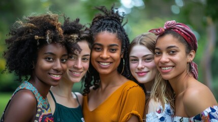 Fototapeta premium Young women of various ethnic backgrounds, standing closely and smiling warmly