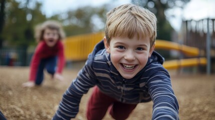 Fototapeta premium Joyful Polish Boy and Friend Racing with Smiles in Playground Adventure