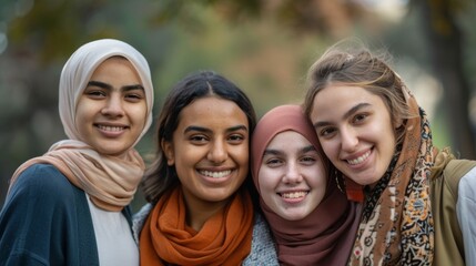 Young women of various ethnicities, standing close and smiling warmly