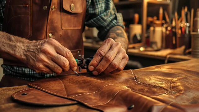 Artisan crafting leather goods by hand in a warm, rustic workshop environment