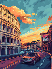 A vibrant comic-style street scene featuring the Colosseum in the 1980s, capturing nostalgic urban life with retro elements and classic cars.