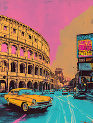 A vibrant comic-style illustration of a street scene in the 1980s, featuring the iconic Colosseum in the background, capturing nostalgic city vibes.