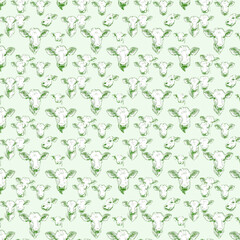 Vector Line Graphics of Cute Cows in Pale Green Lines for Tiling
