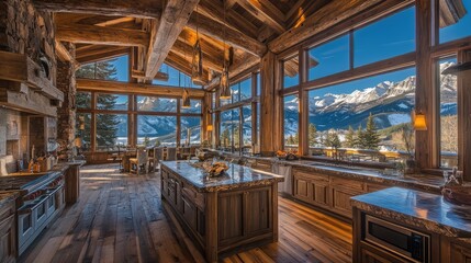Obraz premium A rustic mountain lodge kitchen, with wooden floors, stone countertops, and large beams, framed by large windows with views of snow-capped mountains