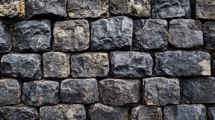 Fototapeta premium A close-up of a dark stone wall, showing the natural texture and uneven surface of the rocks.