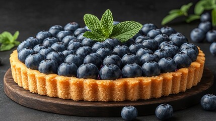 A blueberry tart with a flaky crust and a fresh sprig of mint on top, resting on a wooden board, with scattered blueberries in the foreground.