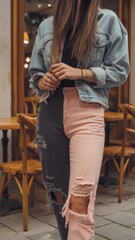 Trendy Urban Fashion: Model in a Half-Denim Jacket and Colorful Distressed Jeans