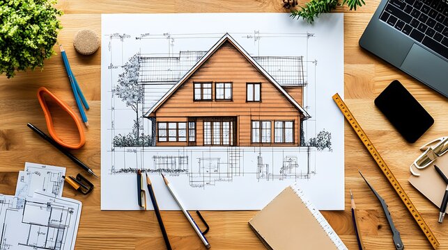 A house blueprint spread across a modern wooden desk, surrounded by drafting tools, pencils, and rulers.