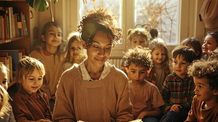 A joyful storytelling session with children gathered around, captured in warm, golden light