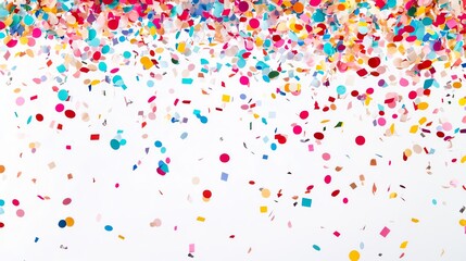 Colorful confetti falling against a white background.