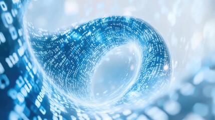 Swirling digital symbols and binary code form a captivating abstract pattern on a light-blue backdrop, showcasing the flow of information