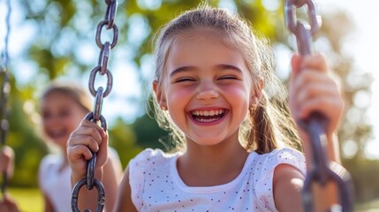 Joyful American Girls Having Fun on Swings Together in the Park
