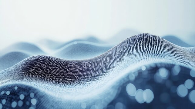 Swirling trails of binary code and data streams create a stunning abstract pattern on a light-blue background, symbolizing the flow of information