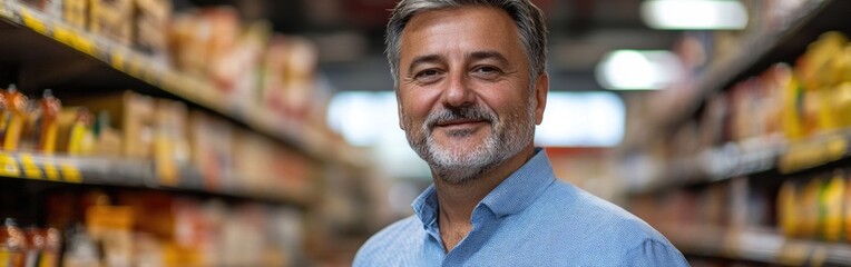 Obraz premium A friendly supermarket manager smiles warmly as he stands among the grocery shelves